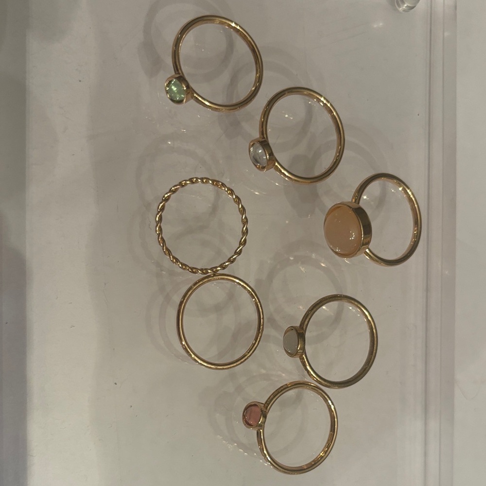 Elegant Goldtone and Stone Ring Set of 7 stackable rings